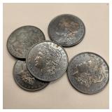 Five 1921 Morgan Silver Dollars (Toned)