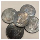 Five 1921 Morgan Silver Dollars (Toned)