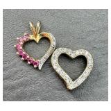 2 Heart Pendants 1 Marked 925 w/ Red & Clear