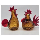 2 Art Glass Rooster Hand Blown Brown Swirl Red