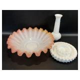 Antique Peach Rim Brides Basket Bowl + MIlk Glass