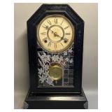 Ebonized Gilbert Mantle Clock w/ Key & Pendulum ,