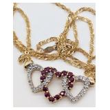 14K YELLOW GOLD DIAMOND & RUBY HEARTS NECKLACE