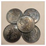 Five 1921 Morgan Silver Dollars (Toned)