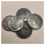 Five 1921 Morgan Silver Dollars (Toned)