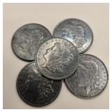 Five 1921 Morgan Silver Dollars (Toned)