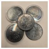 Five 1921 Morgan Silver Dollars (Toned)