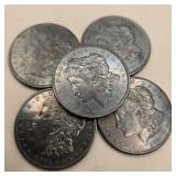 Five 1921 Morgan Silver Dollars (Toned)