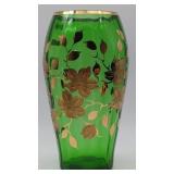 Bohemian Green Crystal 10" Vase W/ Gold Floral