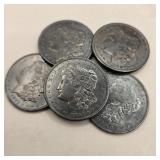 Five 1921 Morgan Silver Dollars (Toned)