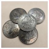 Five 1921 Morgan Silver Dollars (Toned)