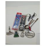 MISC: SPOONS, ORNAMENTS, PEWTER, SILVER PLATE ?