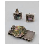 STERLING SILVER ABALONE MONEY CLIP & CUFF LINKS