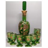 Bohemian Green Crystal Decanter W/ Gold Floral
