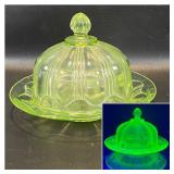 Uranium Glass Butter Dish,  Chips on Base as