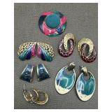 Vintage Retro Enamel Post Earrings & Brooch Pin