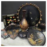Lot of Black Laquerware Decor w/ Ebony Base