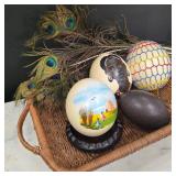 Basket w/ Painted Ostrich / Emu Eggs & Feathers