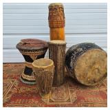 Lot of 4 Hand Drums w/ Tribal Stool