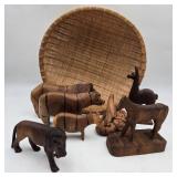 Basket of Animal Carvings w/ Hippos & Llama