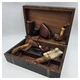 Chest of Antique Pipes & Cane Head