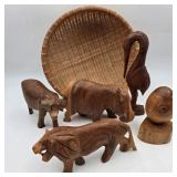 Basket of Carved African Animal Figurines
