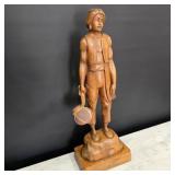 24" Monkey Pod Wood Figural Carving w/ Pottery