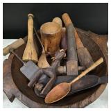 Carved Bowl w/ Wooden Utensils & Keg Tap