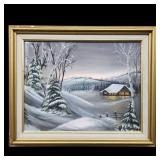 Original Painting On Canvas Snow Scene Signed