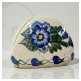 Signed Polish Pottery Napkin Holder. Hand Painted