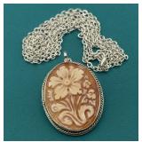 Carved Shell Floral Cameo Brooch in Sterling