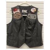 BLACK LEATHER MOTORCYCLE VEST W/ PATCHES BY FMC