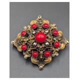 Vintage Czech Art Deco Coral Glass & Filigree