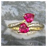 10K Y Gold Ring w/ Heart Shaped Ruby Stones &