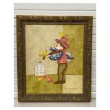 Vintage Oil on Canvas Boy w / Violin & Birds