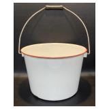Vintage White & Red Enamel Metal Pail, Bucket