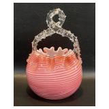 Vtg Cased Art Glass Pink Swirl Basket W/Thorn