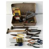 Metal Toolbox & Tools. Brass Hammer, Stihl &