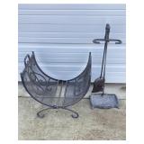 FOLDING METAL WOOD RACK W/ FIREPLACE TOOLS