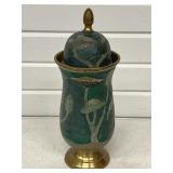 GREEN ENAMELED BRASS LIDDED VASE/URN/JAR W/