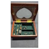 Vintage Wood & Etched Glass Jewelry Box W/