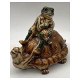 CERAMIC FROG RIDDING A TURTLE