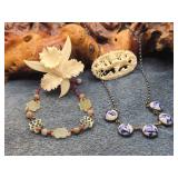 Delft Necklace, Jade Bracelet, Ivory Brooches