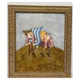 Vintage Oil Painting Children on Bicycles Naive