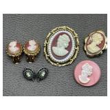 Carved Cameo Brooch Pins & Earrings