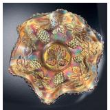 VTG Ruffled Carnival Glass Grape Pattern Bowl