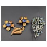 Two Vintage Brooches, Blue Rhinestones Floral