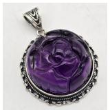 Carved Amethyst Rose & Sterling Pendant
