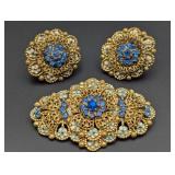 Czechoslovakia Filigree Brooch Pin & Matching