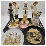 Tray of Asian Figurines w/ Plates & Small Pitcher